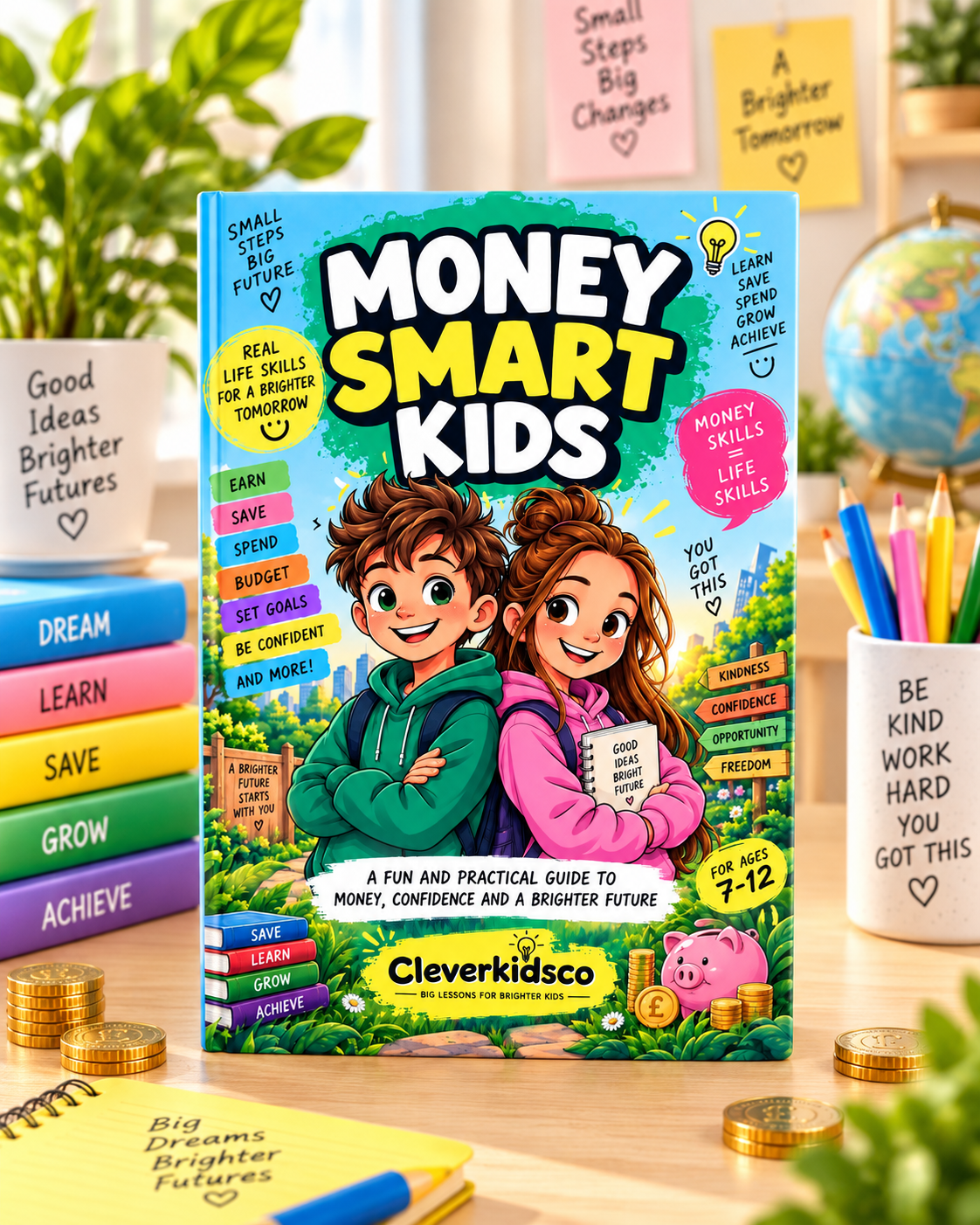 Money Smart Kids book cover in a bright children's learning desk setting