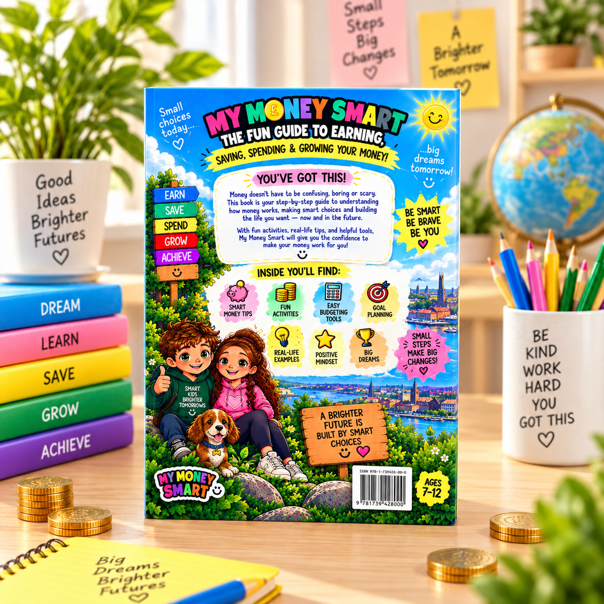 Money Smart Kids rear cover displayed in a bright children's learning desk setting